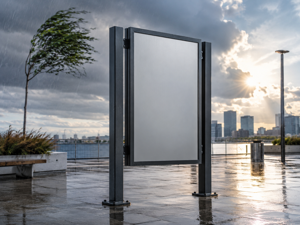 Weather-resistant outdoor signage designed for sun rain and wind exposure