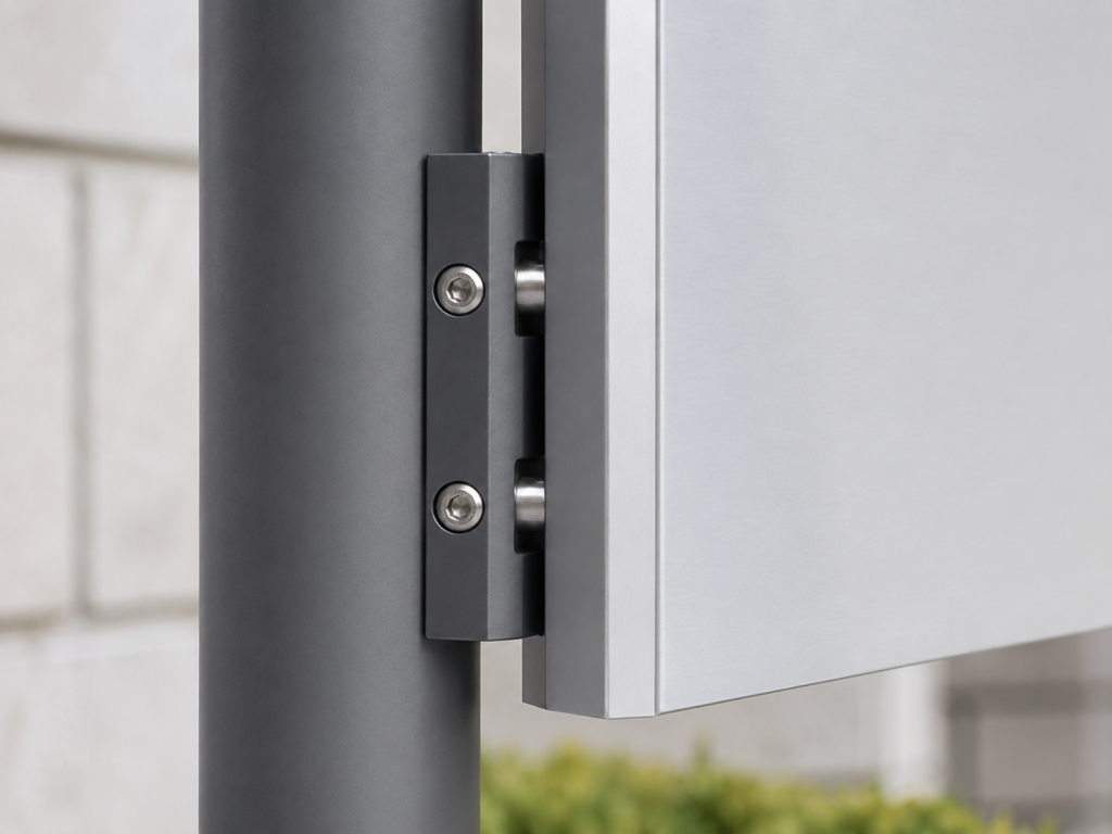 Outdoor signage installation details with stainless steel fasteners and metal structure