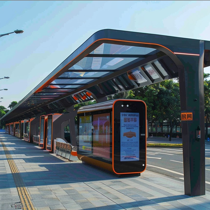 Installed custom bus shelter showing overall structure and passenger waiting area