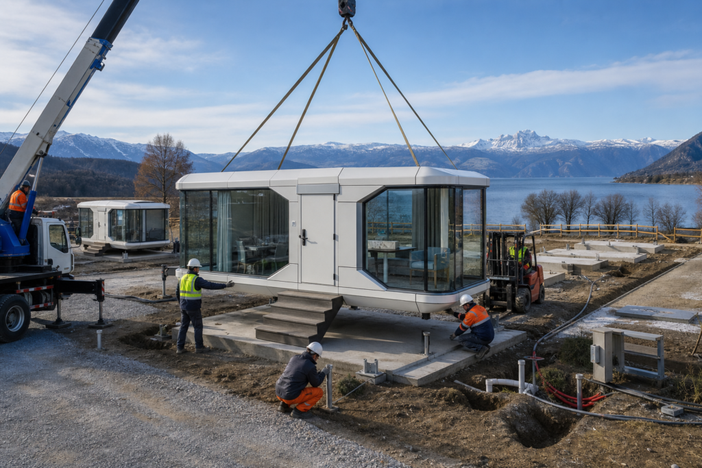 Crane lifting a modular capsule house onto foundations at a lakeside mountain resort construction site