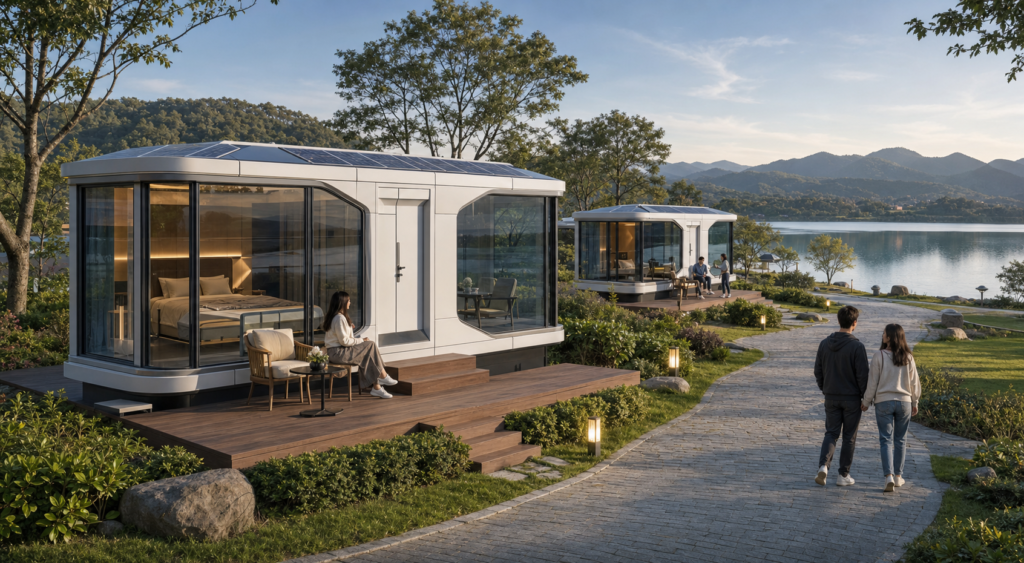Modern solar roof capsule houses in a landscaped lakeside resort with mountain views during daytime