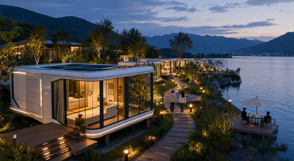 Illuminated capsule house resort beside a lake at evening with mountain views and landscaped paths