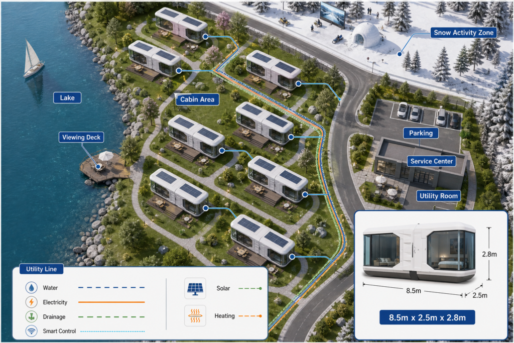 Aerial resort layout diagram showing capsule cabins, utility lines, parking, service center and unit dimensions