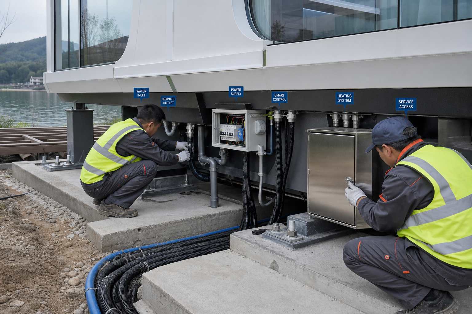 Workers connecting water, drainage, power, smart control and heating systems beneath a capsule house
