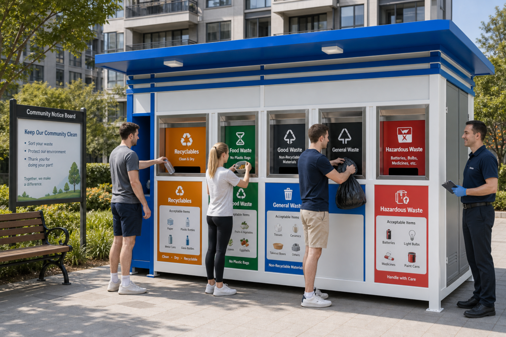 Residents using a community waste sorting room with color coded recycling, food waste, general waste and hazardous waste bins