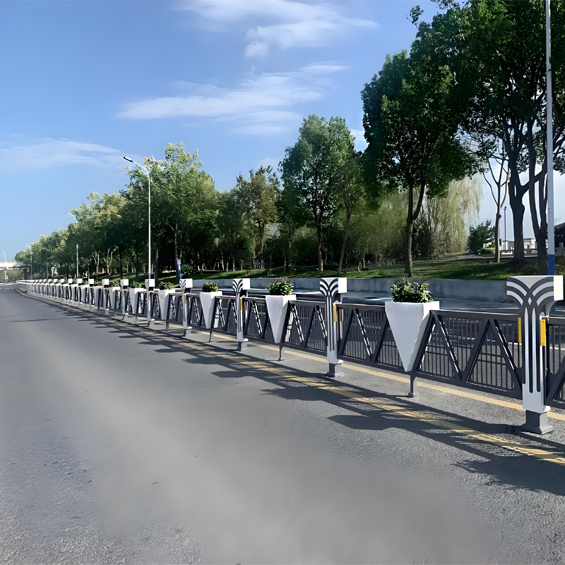 Blue and white metal road guardrail installed on city street