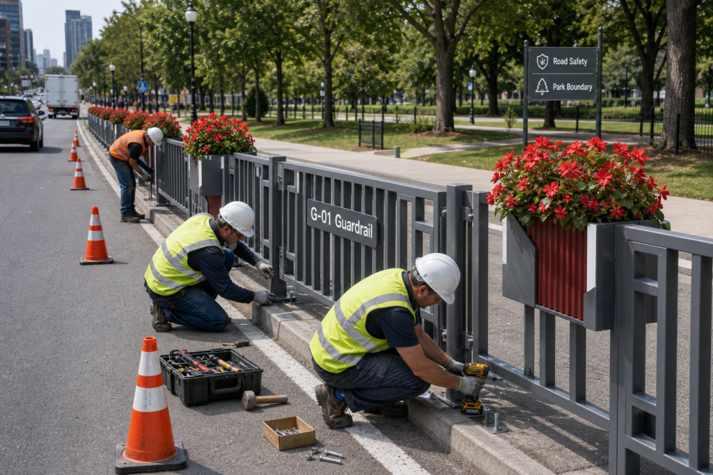 Workers installing modular road guardrail with integrated flower planters along an urban park boundary