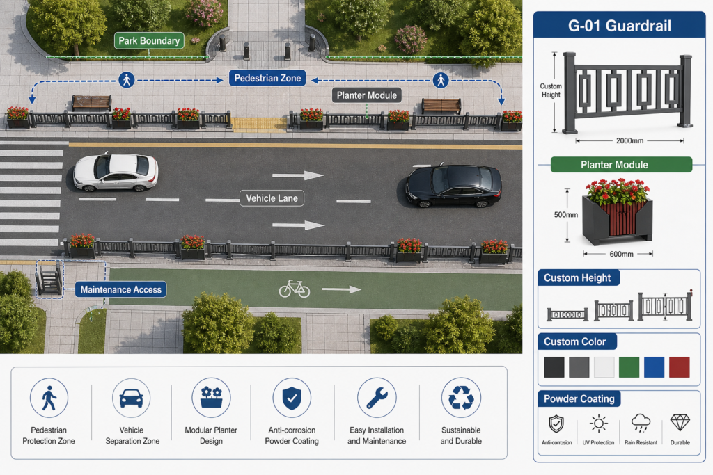 Pedestrian guardrail layout diagram with modular sections and site zones