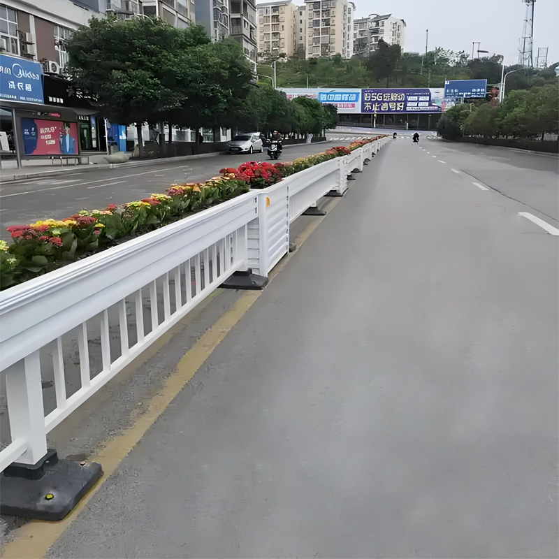 Permanent pedestrian guardrail separating an urban road and sidewalk