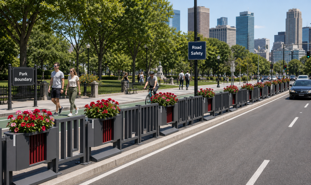 Road safety guardrail with modular flower planters installed along a city street beside a park boundary