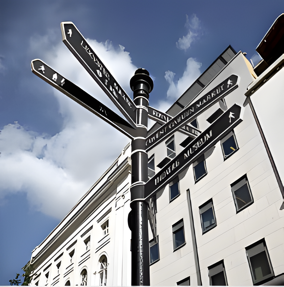 Street fingerpost showing directional wayfinding information