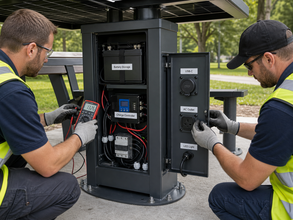Technicians checking battery storage, charge controller, USB-C outlet, AC outlet and LED light inside a solar charging table