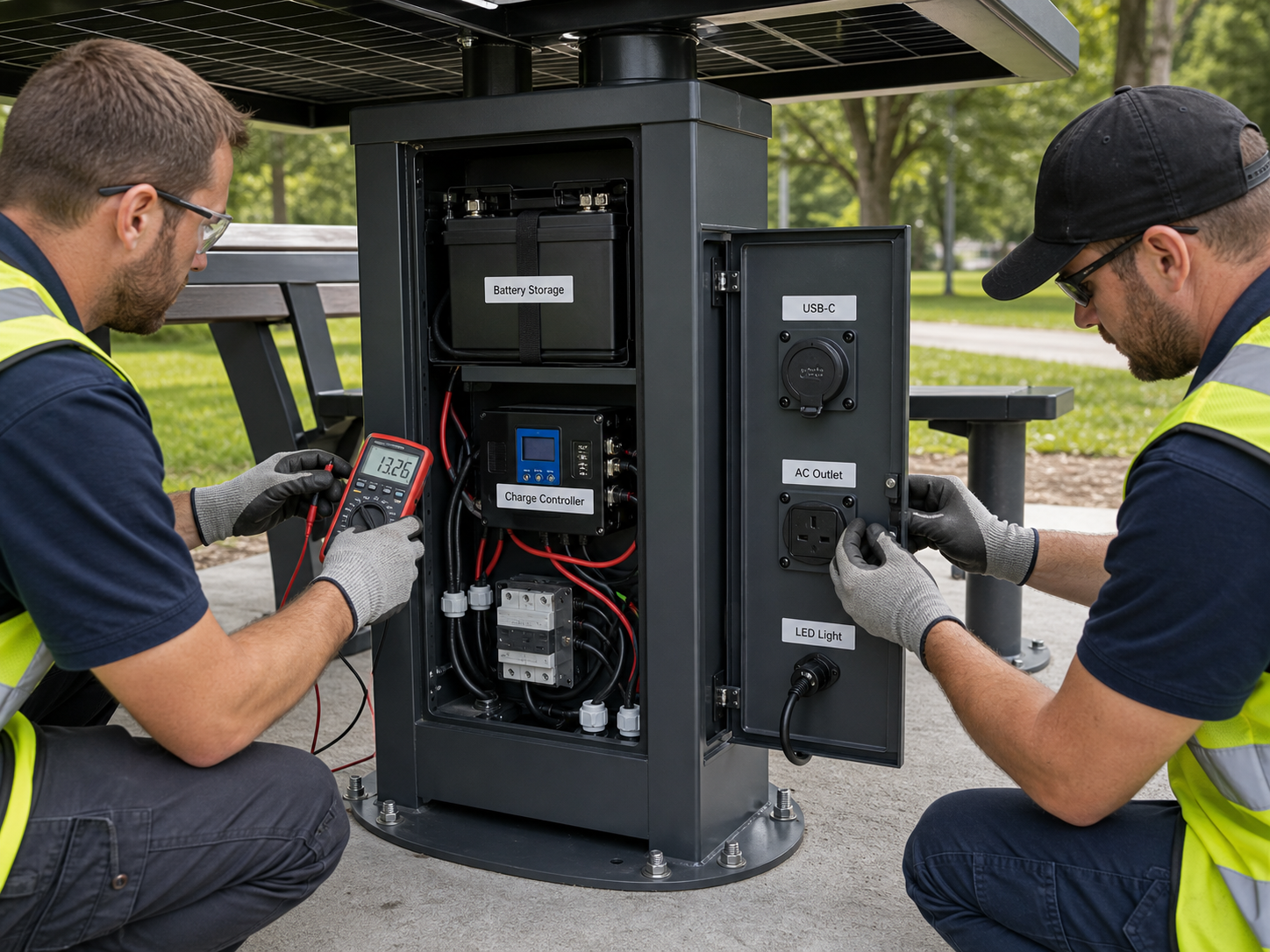 Technicians checking battery storage, charge controller, USB-C outlet, AC outlet and LED light inside a solar charging table