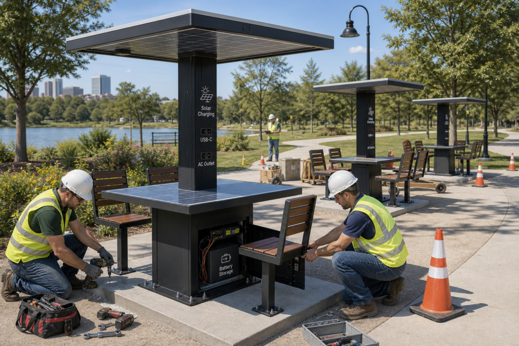 Workers installing outdoor solar charging tables with battery storage in a public park