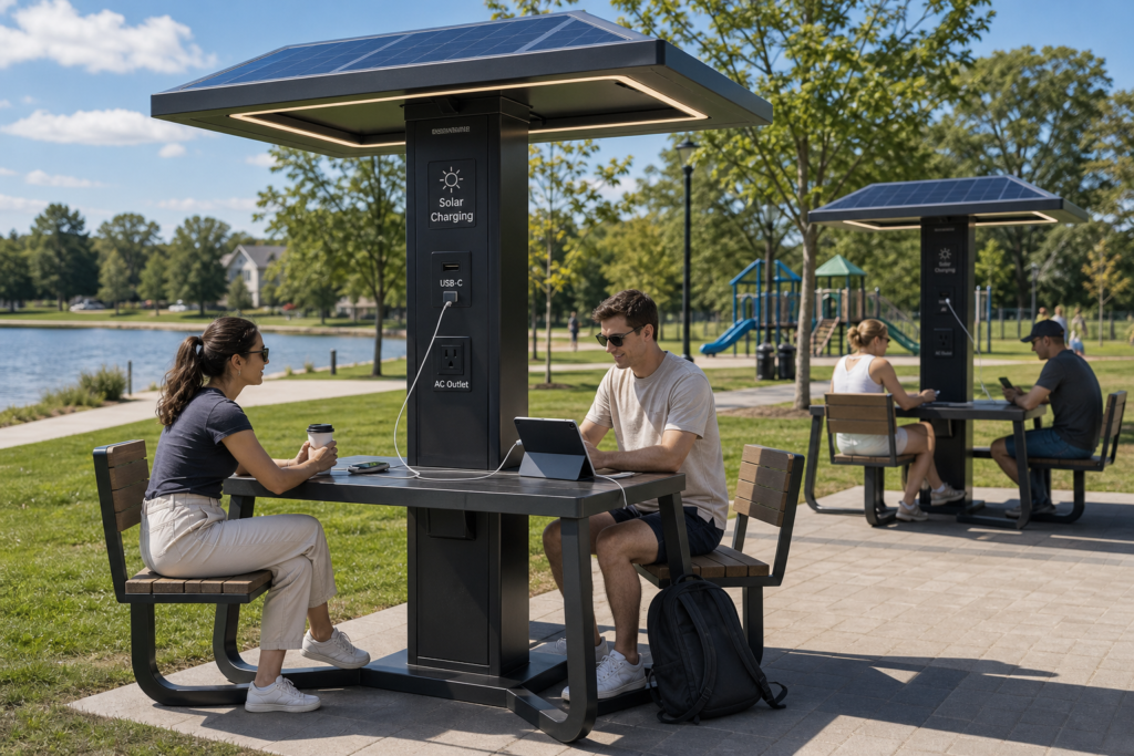 People using outdoor solar charging tables with USB-C and AC outlets in a lakeside park