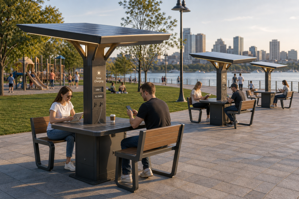 Technicians checking battery storage, charge controller, USB-C outlet, AC outlet and LED light inside a solar charging table