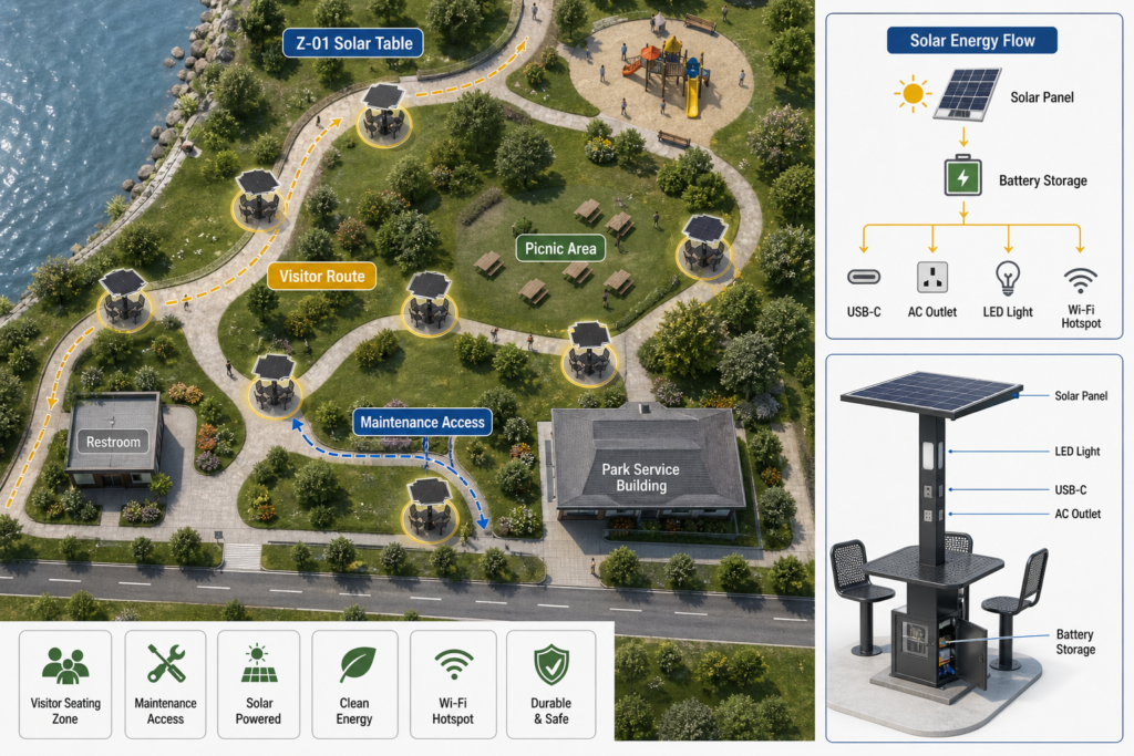 Park layout diagram showing solar tables, visitor route, maintenance access and solar energy flow features