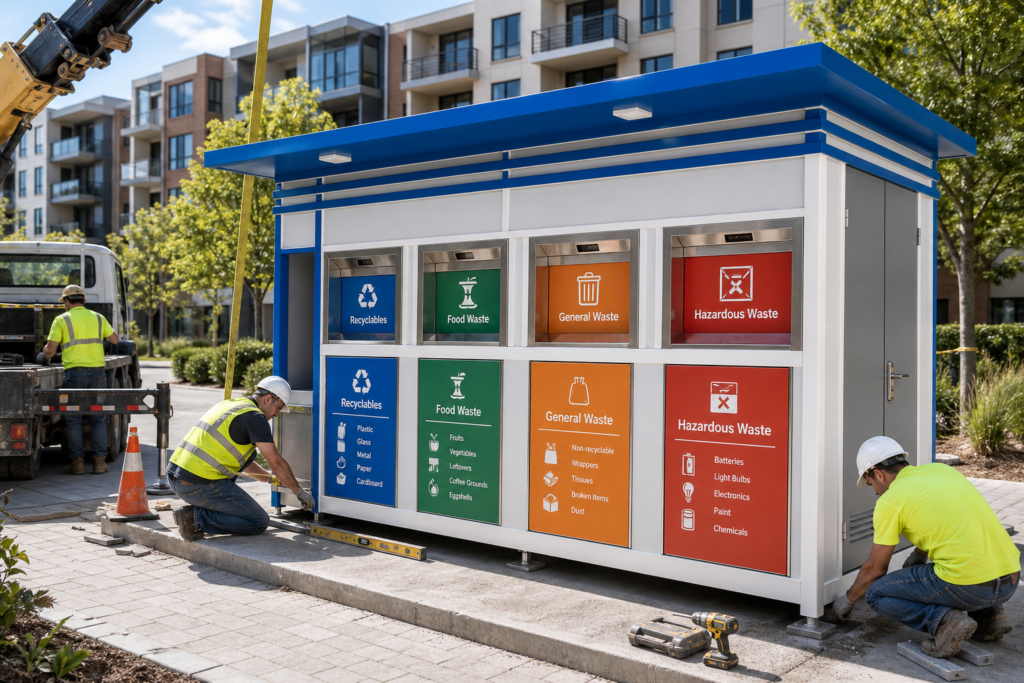 Installation workers leveling and securing a modular waste sorting room in a residential community