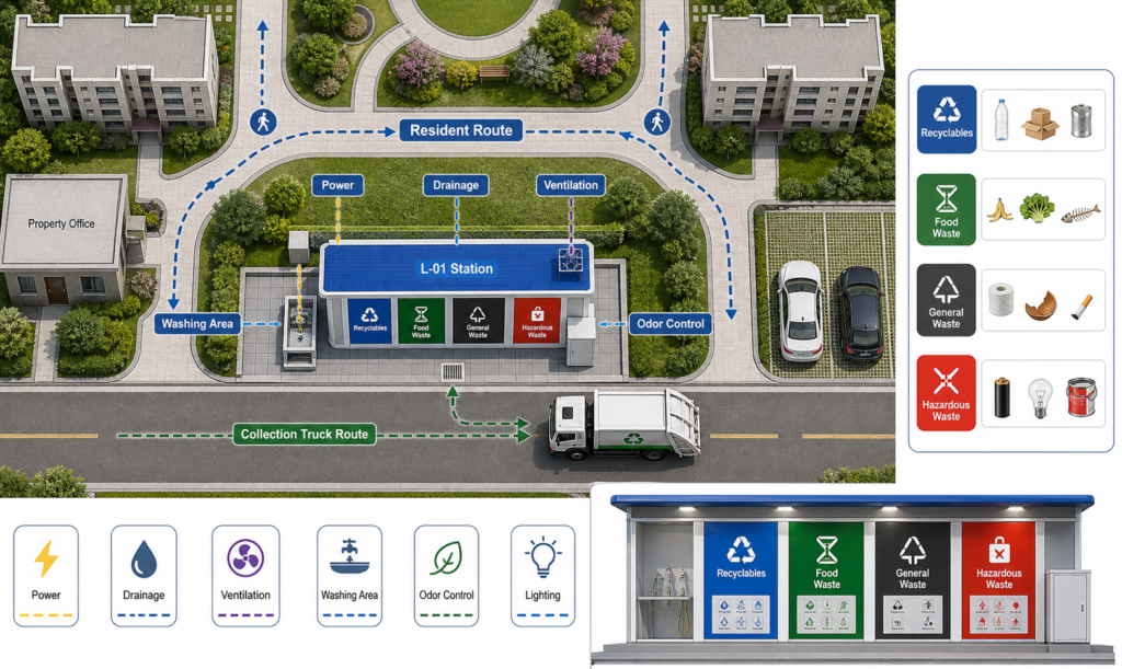 Waste sorting station layout diagram showing user and collection routes