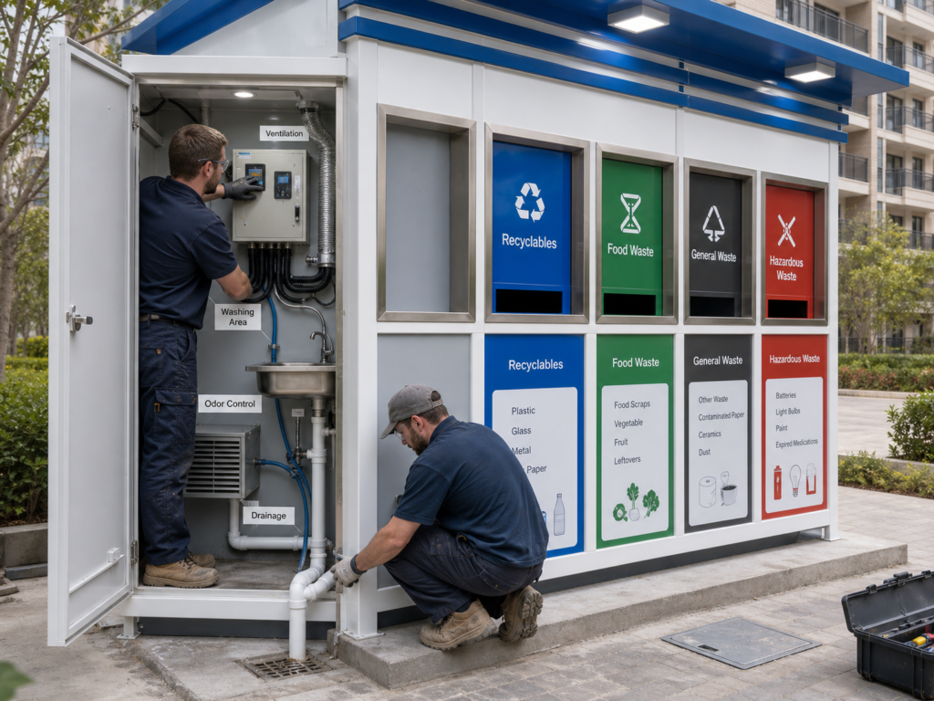 Maintenance workers servicing ventilation, washing area, odor control and drainage systems inside a waste sorting room